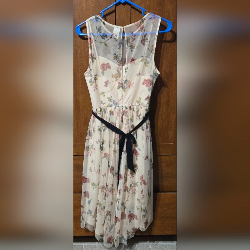 Disney Cream Floral High-Low Dress with Black Belt